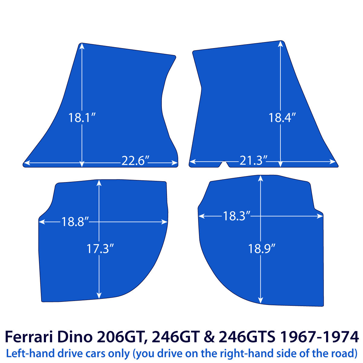 Ferrari Dino 206 GT, 246 GT & 246 GTS Velours Fußmatten 1967-1974 – Schwarz Exklusiv