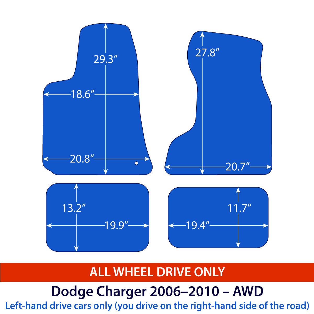 Dodge Charger Veloursfußmatten 2005–2010 – Allradantrieb – Schwarz Exklusiv