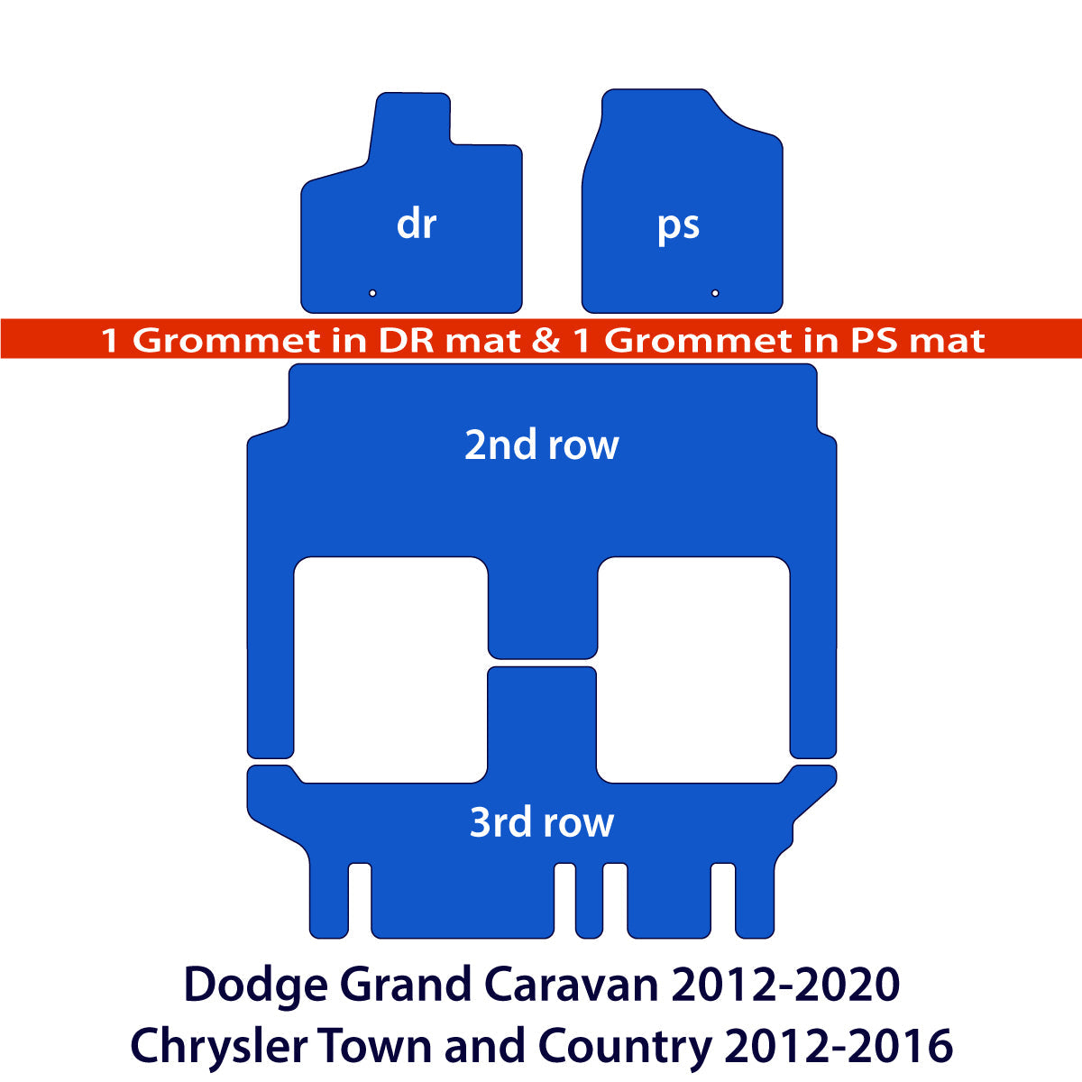 Dodge Grand Caravan 2012–2020 &amp; Chrysler Town and Country 2012–2016 3 Reihen Velours Fußmatten – Schwarz Exklusiv