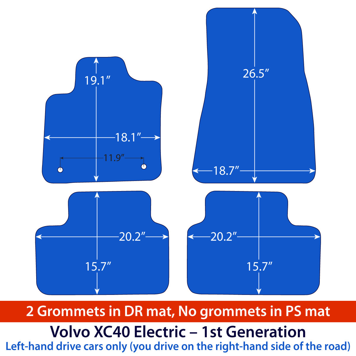 Volvo XC40 Electric Velours Fußmatten 2023-2026 – Clips nur in FA-Matte – Flaggen-Logo